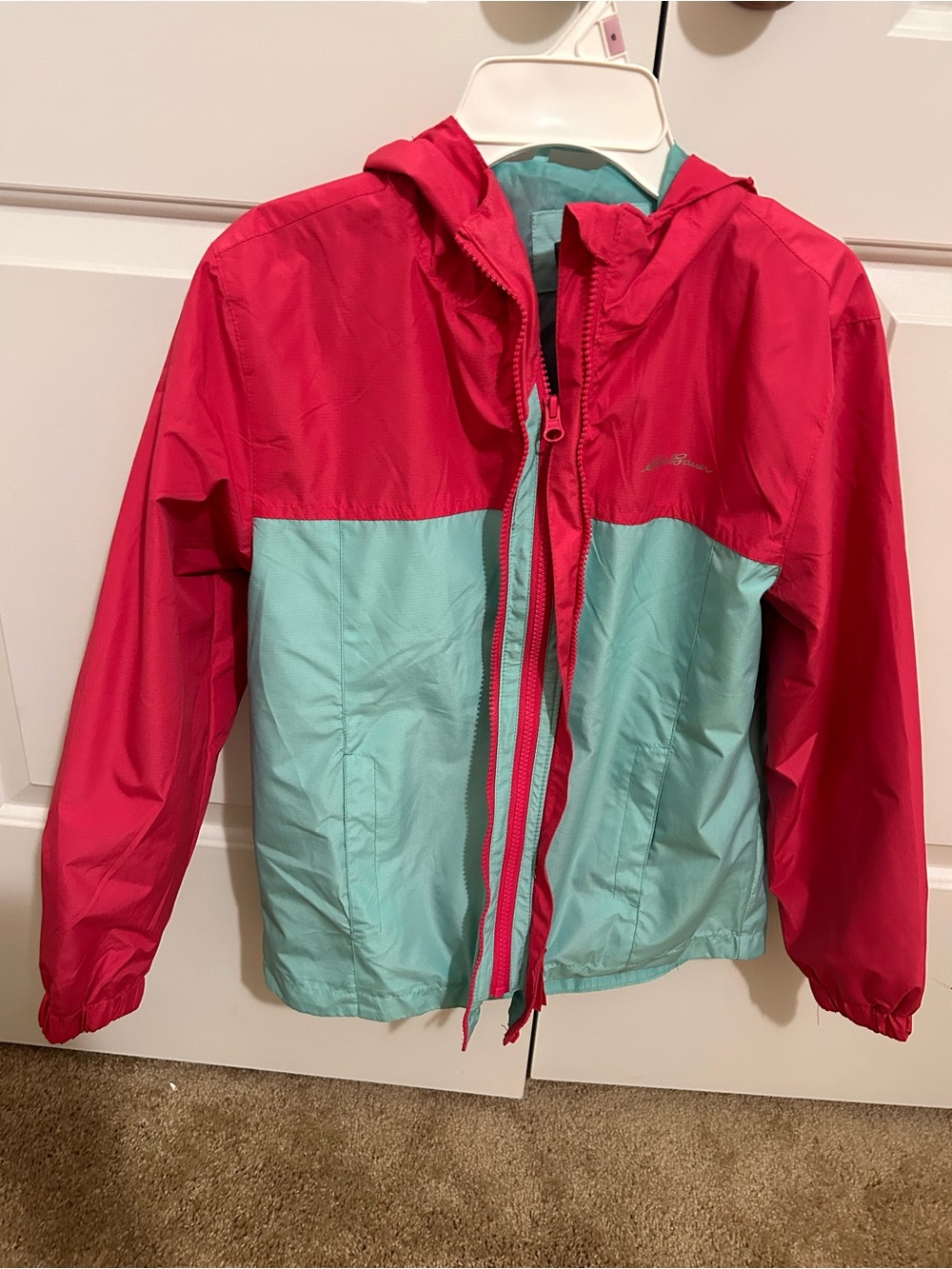 Eddie Bauer Girls' Hooded Colorblock Rain Jacket - Pink & Teal